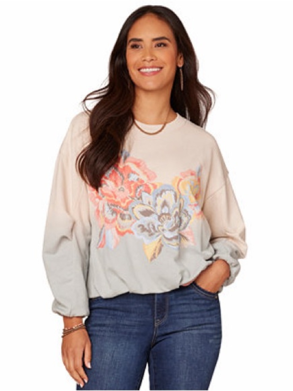 Democracy Floral Ombré Long Sleeve Bubble Hem Crew Sweatshirt Large Beige Blue
